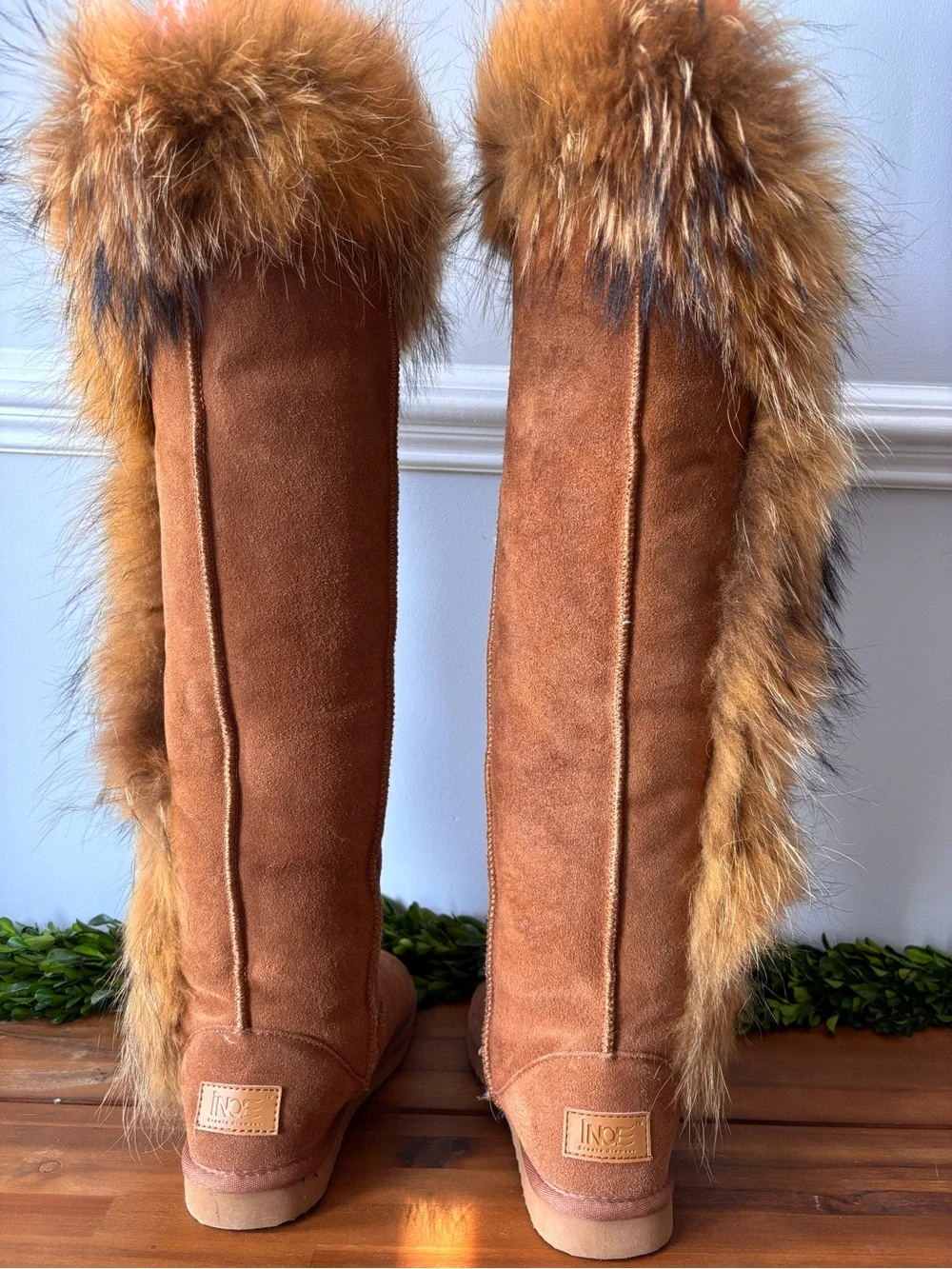 Real Fur Trim Suede Knee-High Boots - chestnut. Size 8